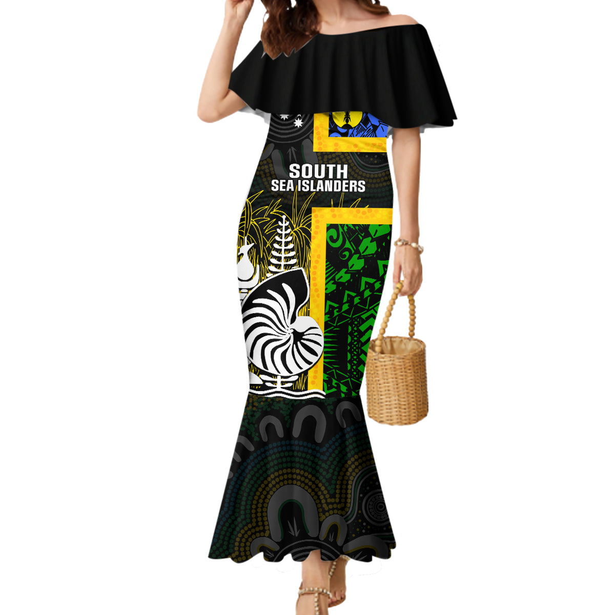 Personalised South Sea Islanders Mermaid Dress Kanakas With New Caledonia Coat Of Arms LT14 Women Black - Polynesian Pride