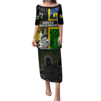 Personalised South Sea Islanders Puletasi Kanakas With New Caledonia Coat Of Arms LT14 Long Dress Black - Polynesian Pride