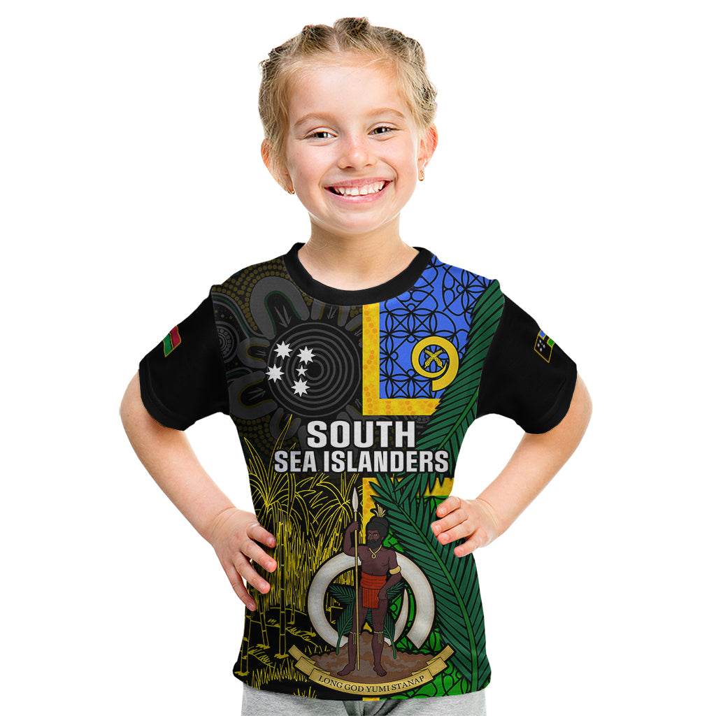 Personalised South Sea Islanders Kid T Shirt Kanakas With Vanuatu Coat Of Arms LT14 Black - Polynesian Pride