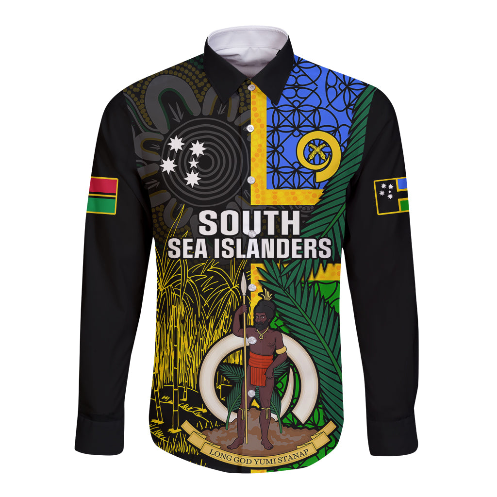 Personalised South Sea Islanders Long Sleeve Button Shirt Kanakas With Vanuatu Coat Of Arms LT14 Unisex Black - Polynesian Pride