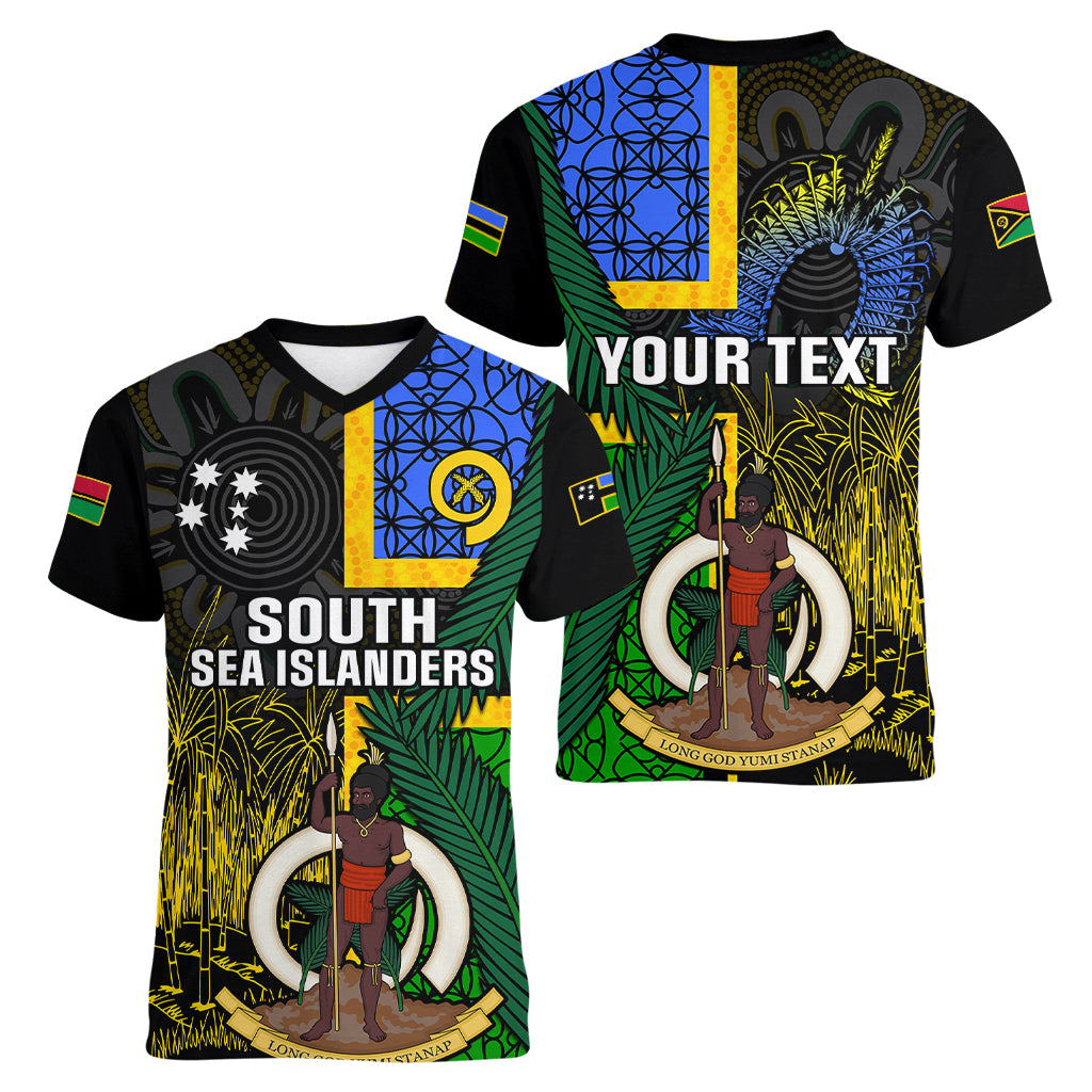 Personalised South Sea Islanders Women V Neck T Shirt Kanakas With Vanuatu Coat Of Arms LT14 - Polynesian Pride