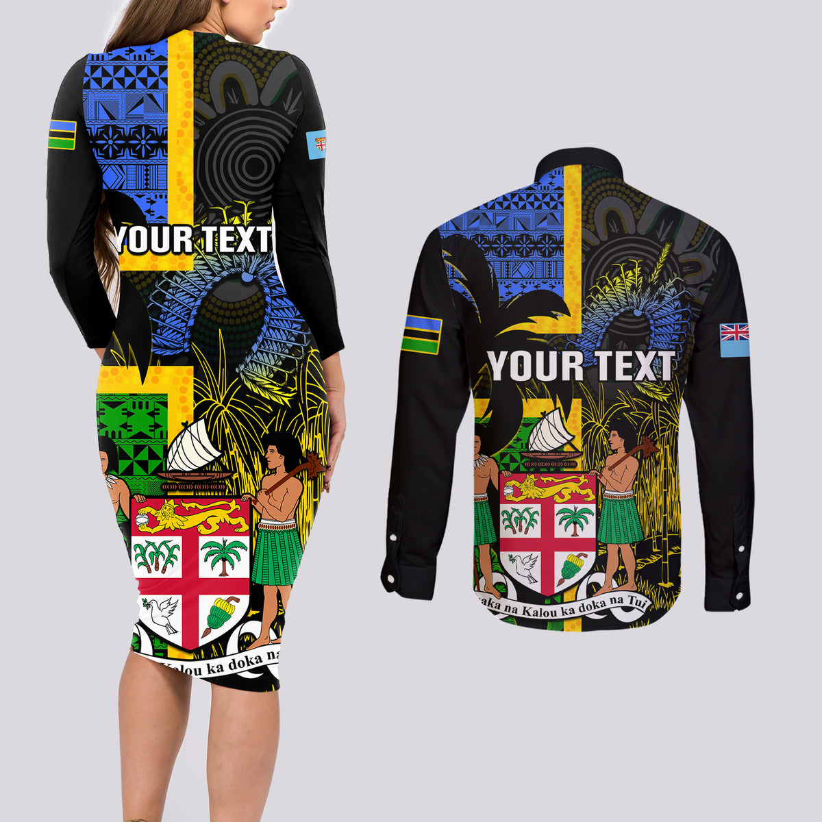 Personalised South Sea Islanders Couples Matching Long Sleeve Bodycon Dress and Long Sleeve Button Shirts Kanakas With Fiji Coat Of Arms LT14 - Polynesian Pride