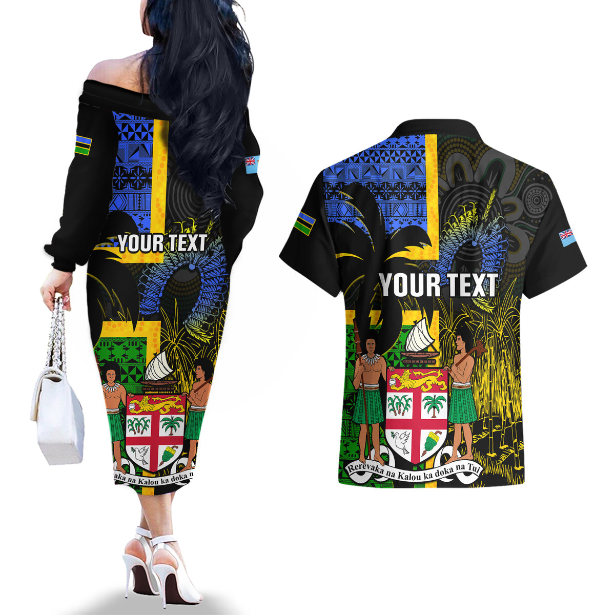 Personalised South Sea Islanders Couples Matching Off The Shoulder Long Sleeve Dress and Hawaiian Shirt Kanakas With Fiji Coat Of Arms LT14 - Polynesian Pride