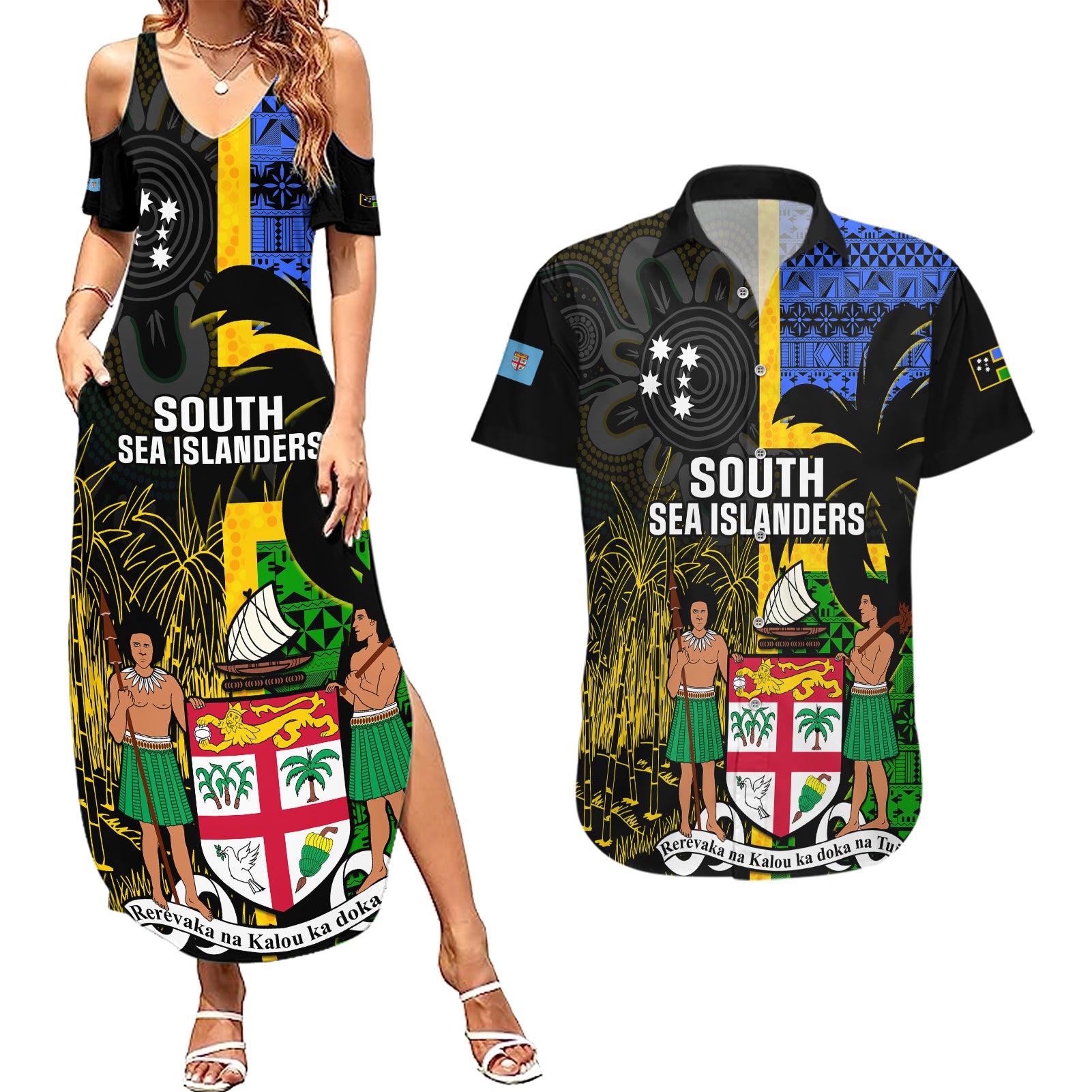 Personalised South Sea Islanders Couples Matching Summer Maxi Dress and Hawaiian Shirt Kanakas With Fiji Coat Of Arms LT14 Black - Polynesian Pride