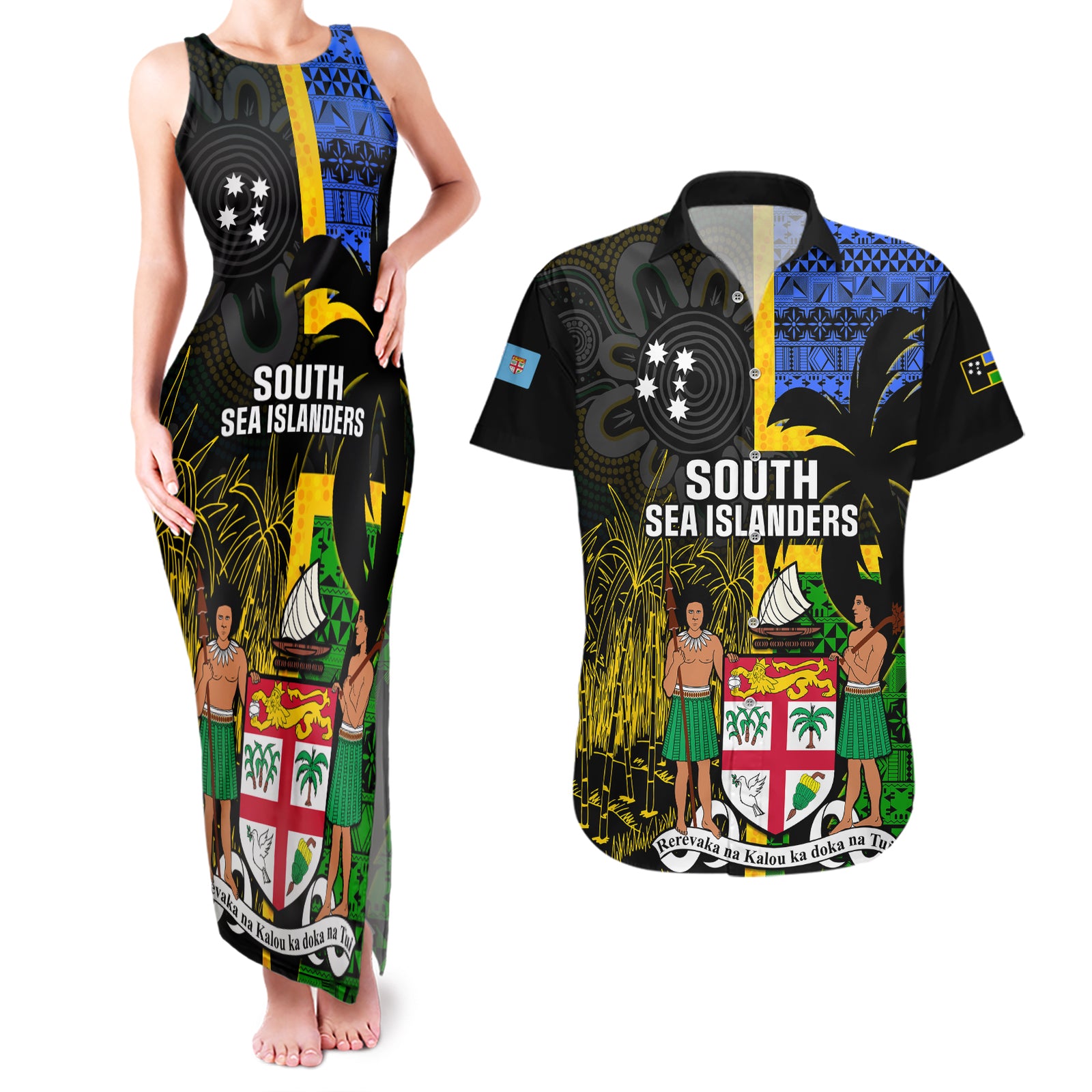 Personalised South Sea Islanders Couples Matching Tank Maxi Dress and Hawaiian Shirt Kanakas With Fiji Coat Of Arms LT14 Black - Polynesian Pride