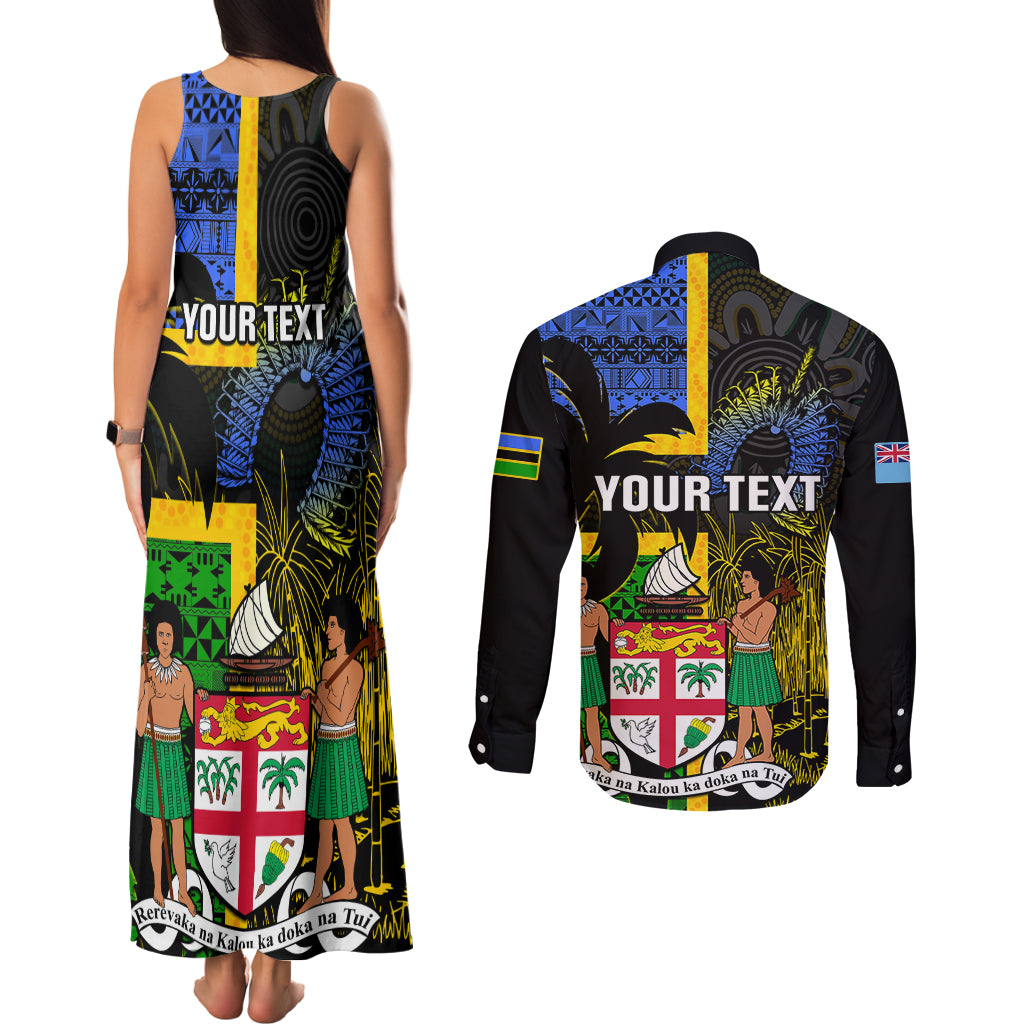 Personalised South Sea Islanders Couples Matching Tank Maxi Dress and Long Sleeve Button Shirts Kanakas With Fiji Coat Of Arms LT14 - Polynesian Pride