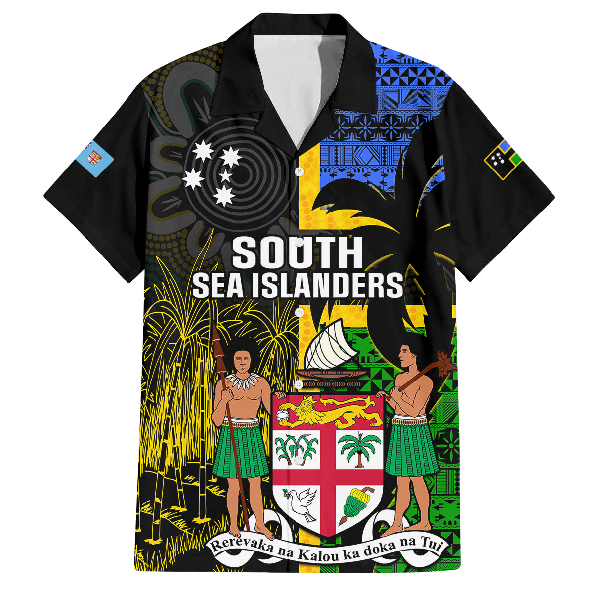 Personalised South Sea Islanders Family Matching Off Shoulder Short Dress and Hawaiian Shirt Kanakas With Fiji Coat Of Arms LT14 Dad's Shirt - Short Sleeve Black - Polynesian Pride
