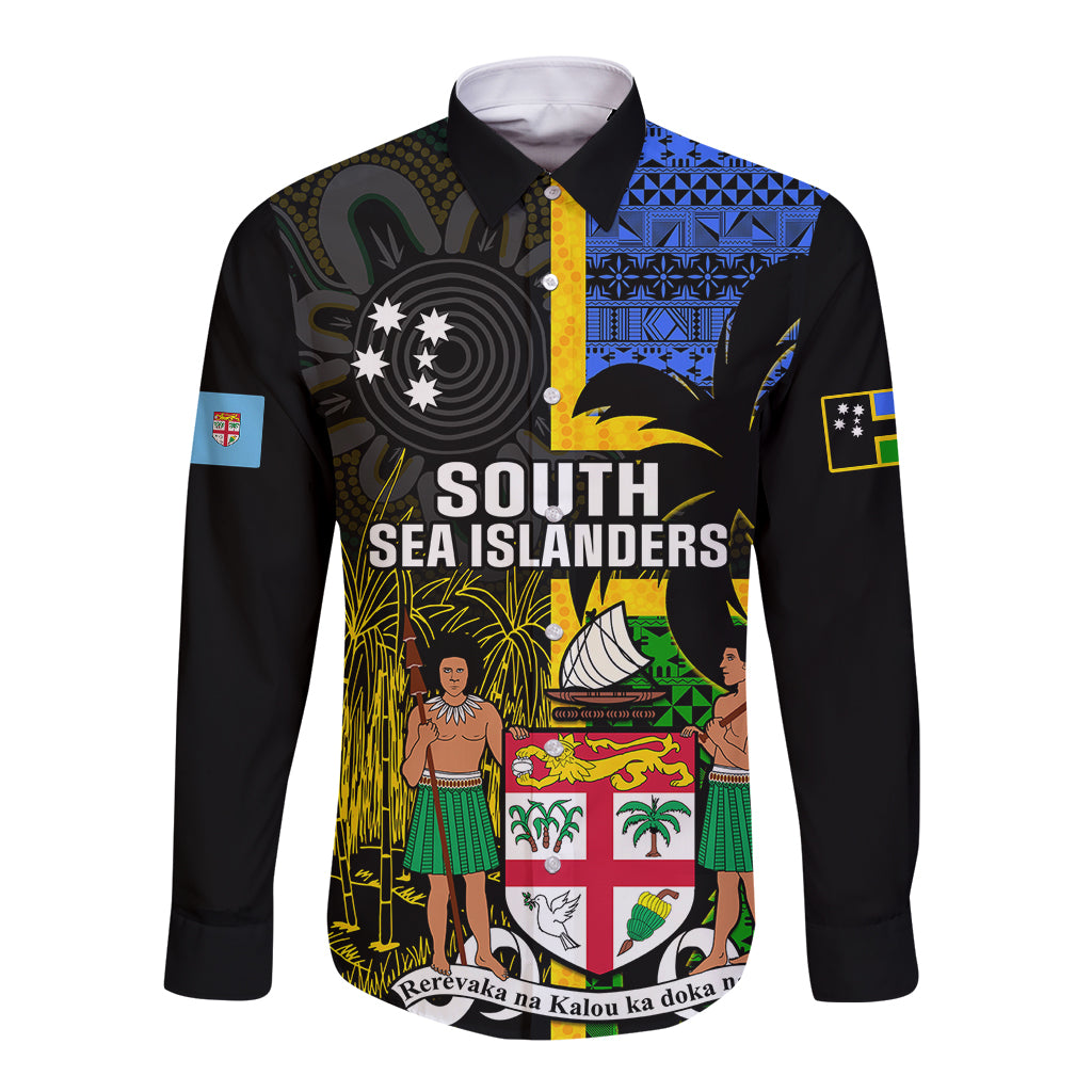 Personalised South Sea Islanders Long Sleeve Button Shirt Kanakas With Fiji Coat Of Arms LT14 Unisex Black - Polynesian Pride