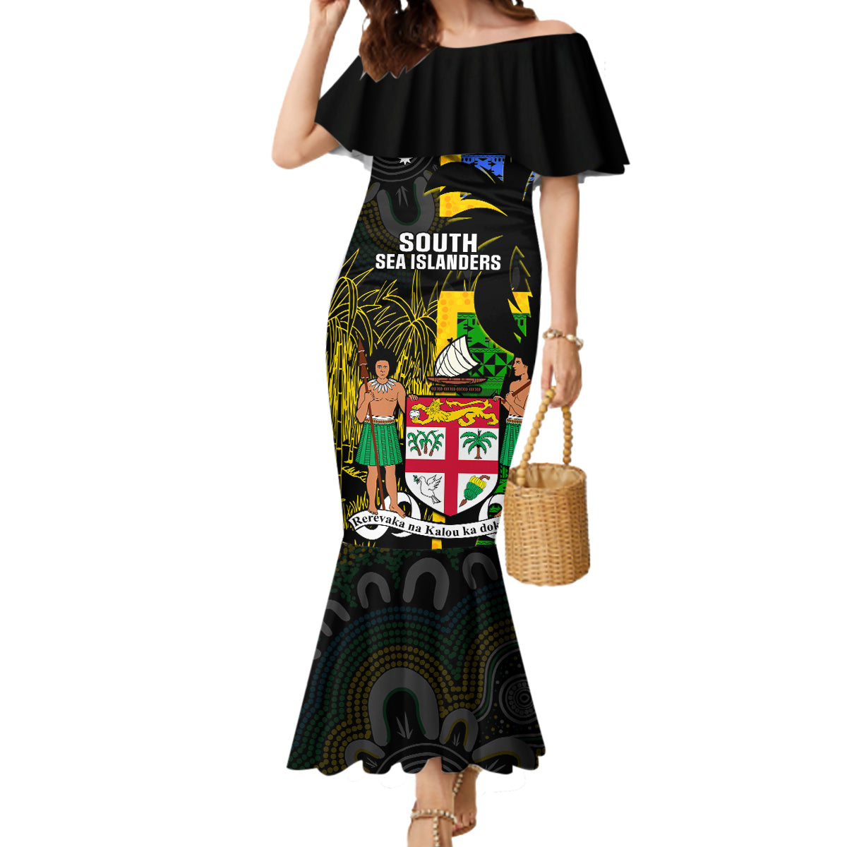 Personalised South Sea Islanders Mermaid Dress Kanakas With Fiji Coat Of Arms LT14 Women Black - Polynesian Pride