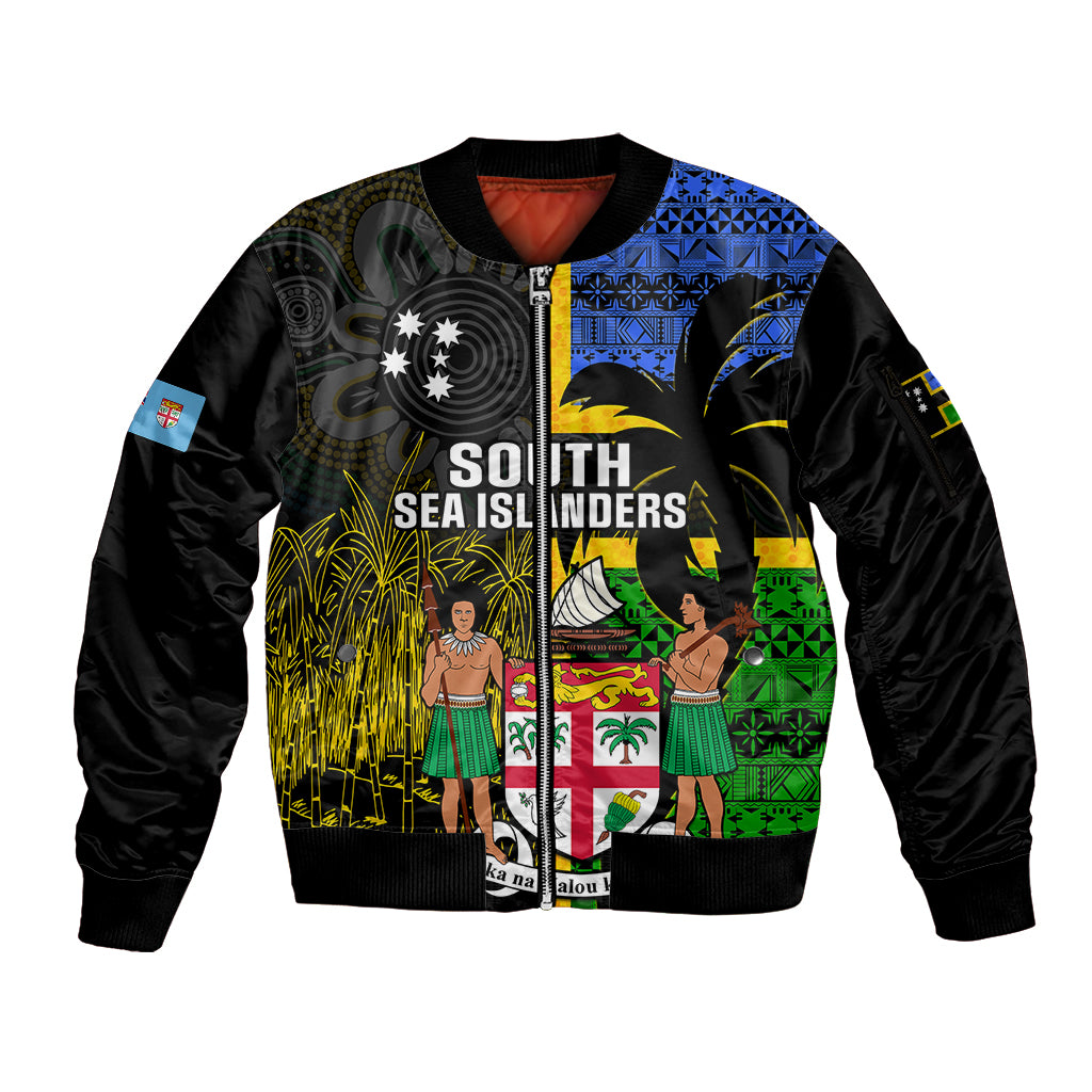 Personalised South Sea Islanders Sleeve Zip Bomber Jacket Kanakas With Fiji Coat Of Arms LT14 Unisex Black - Polynesian Pride
