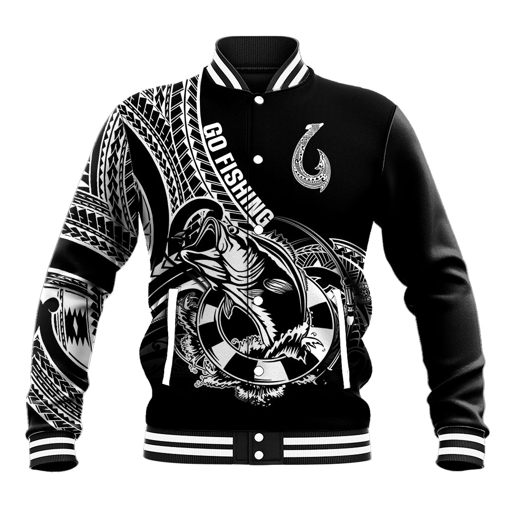 Personalised Polynesia Baseball Jacket Fish Hook Tattoo Go Fishing Polynesian Pattern Black LT14 Unisex Black - Polynesian Pride