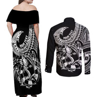 Personalised Polynesia Couples Matching Off Shoulder Maxi Dress and Long Sleeve Button Shirts Fish Hook Tattoo Go Fishing Polynesian Pattern Black LT14 - Polynesian Pride