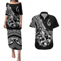 Personalised Polynesia Couples Matching Puletasi Dress and Hawaiian Shirt Fish Hook Tattoo Go Fishing Polynesian Pattern Black LT14 Black - Polynesian Pride