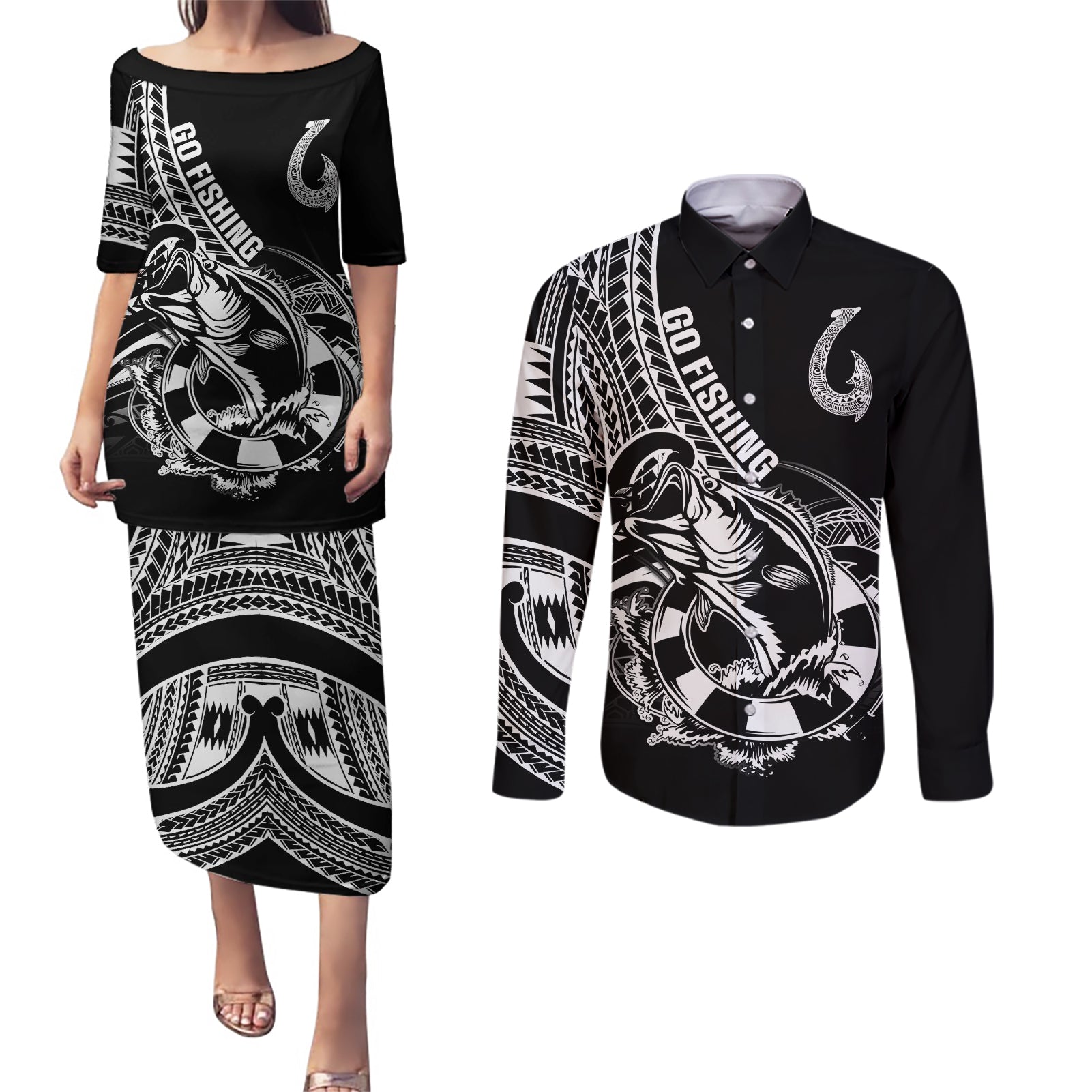 Personalised Polynesia Couples Matching Puletasi Dress and Long Sleeve Button Shirts Fish Hook Tattoo Go Fishing Polynesian Pattern Black LT14 Black - Polynesian Pride