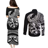 Personalised Polynesia Couples Matching Puletasi Dress and Long Sleeve Button Shirts Fish Hook Tattoo Go Fishing Polynesian Pattern Black LT14 - Polynesian Pride