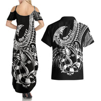 Personalised Polynesia Couples Matching Summer Maxi Dress and Hawaiian Shirt Fish Hook Tattoo Go Fishing Polynesian Pattern Black LT14 - Polynesian Pride