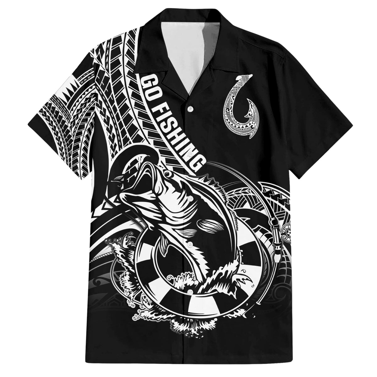 Personalised Polynesia Family Matching Short Sleeve Bodycon Dress and Hawaiian Shirt Fish Hook Tattoo Go Fishing Polynesian Pattern Black LT14 Dad's Shirt - Short Sleeve Black - Polynesian Pride