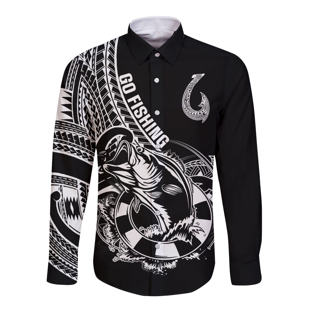Personalised Polynesia Long Sleeve Button Shirt Fish Hook Tattoo Go Fishing Polynesian Pattern Black LT14 Unisex Black - Polynesian Pride