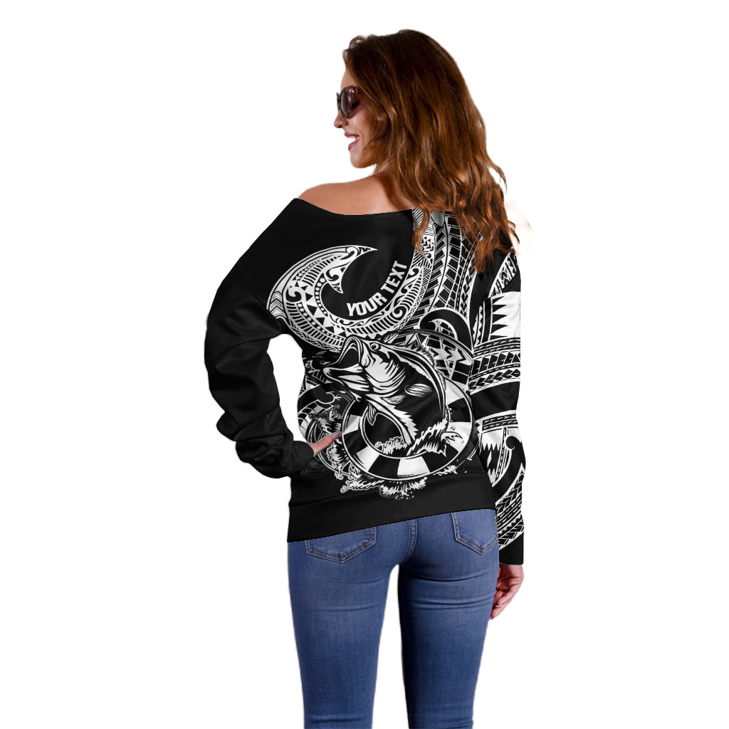 Personalised Polynesia Off Shoulder Sweater Fish Hook Tattoo Go Fishing Polynesian Pattern Black LT14 - Polynesian Pride