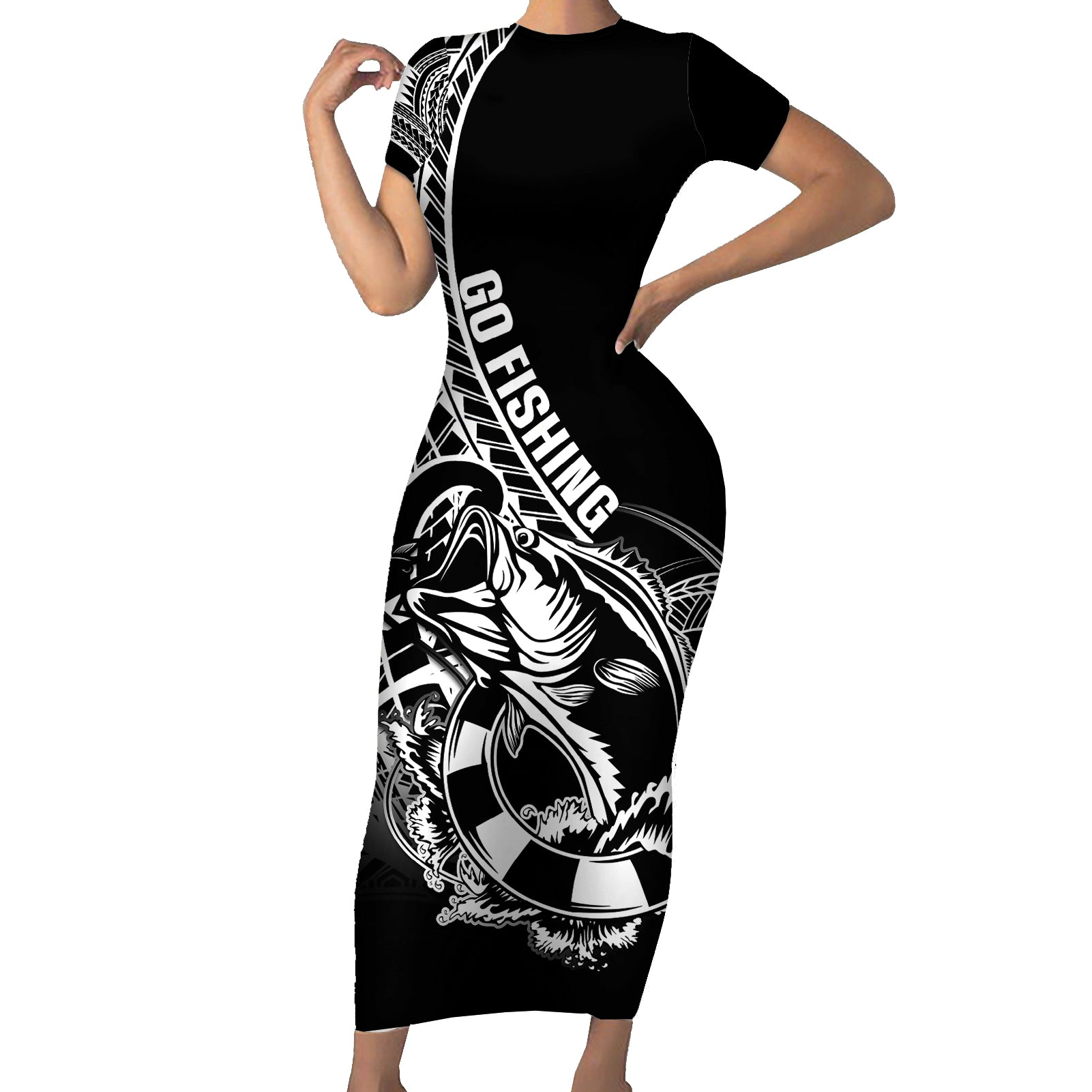 Personalised Polynesia Short Sleeve Bodycon Dress Fish Hook Tattoo Go Fishing Polynesian Pattern Black LT14 Long Dress Black - Polynesian Pride