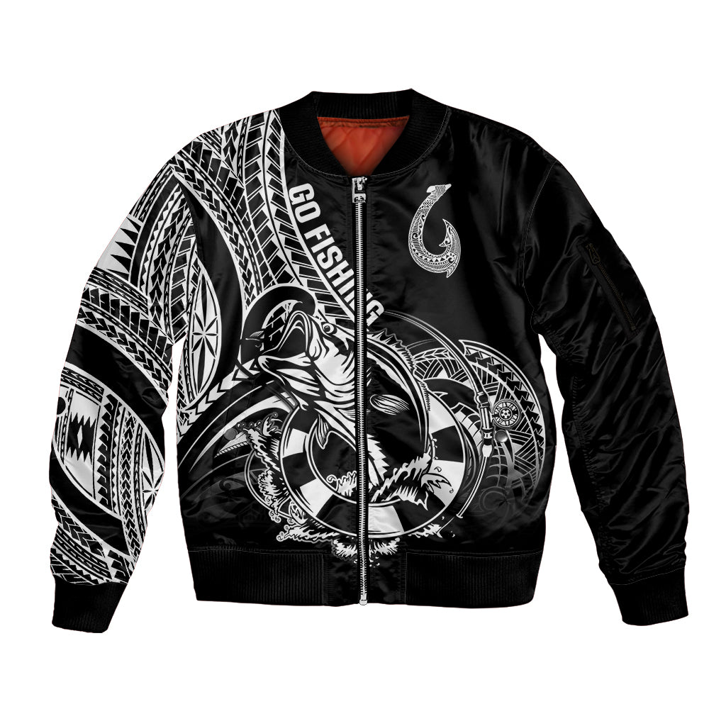 Personalised Polynesia Sleeve Zip Bomber Jacket Fish Hook Tattoo Go Fishing Polynesian Pattern Black LT14 Unisex Black - Polynesian Pride