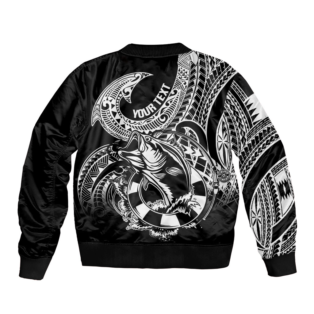 Personalised Polynesia Sleeve Zip Bomber Jacket Fish Hook Tattoo Go Fishing Polynesian Pattern Black LT14 - Polynesian Pride