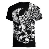 Personalised Polynesia Women V Neck T Shirt Fish Hook Tattoo Go Fishing Polynesian Pattern Black LT14 - Polynesian Pride