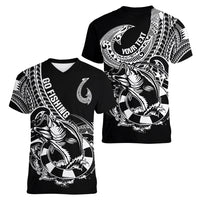 Personalised Polynesia Women V Neck T Shirt Fish Hook Tattoo Go Fishing Polynesian Pattern Black LT14 - Polynesian Pride