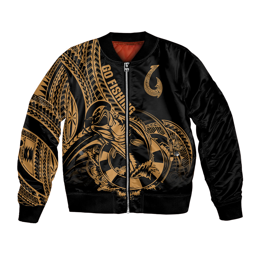 Polynesia Bomber Jacket Fish Hook Tattoo Go Fishing Polynesian Pattern Gold LT14 Unisex Gold - Polynesian Pride