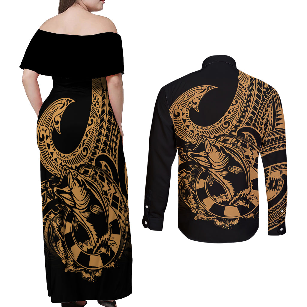 polynesia-couples-matching-off-shoulder-maxi-dress-and-long-sleeve-button-shirts-fish-hook-tattoo-go-fishing-polynesian-pattern-gold