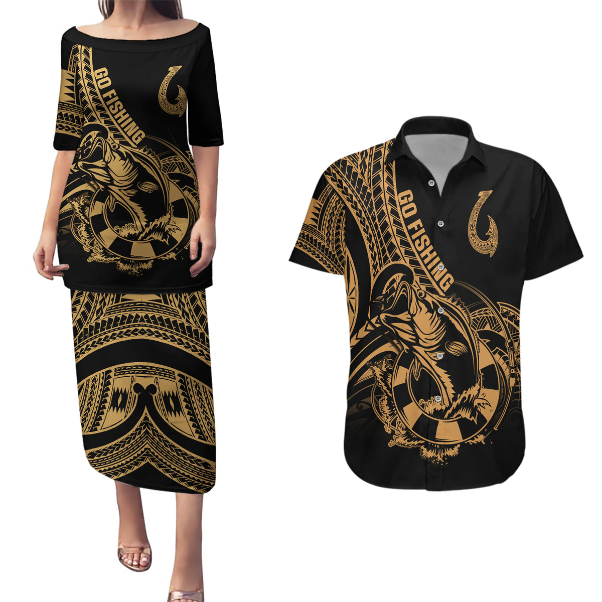 polynesia-couples-matching-puletasi-dress-and-hawaiian-shirt-fish-hook-tattoo-go-fishing-polynesian-pattern-gold