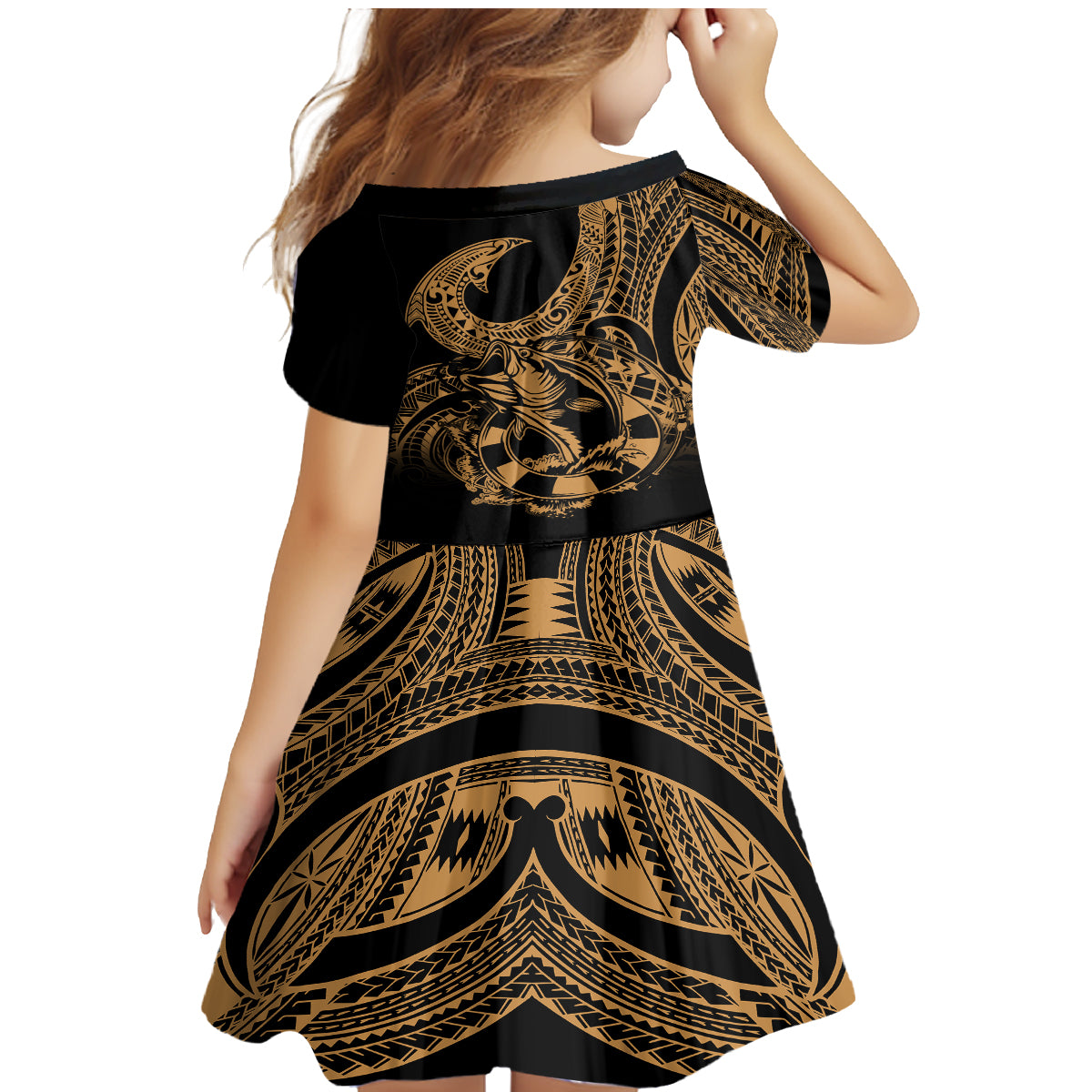 Polynesia Family Matching Mermaid Dress and Hawaiian Shirt Fish Hook Tattoo Go Fishing Polynesian Pattern Gold LT14 - Polynesian Pride
