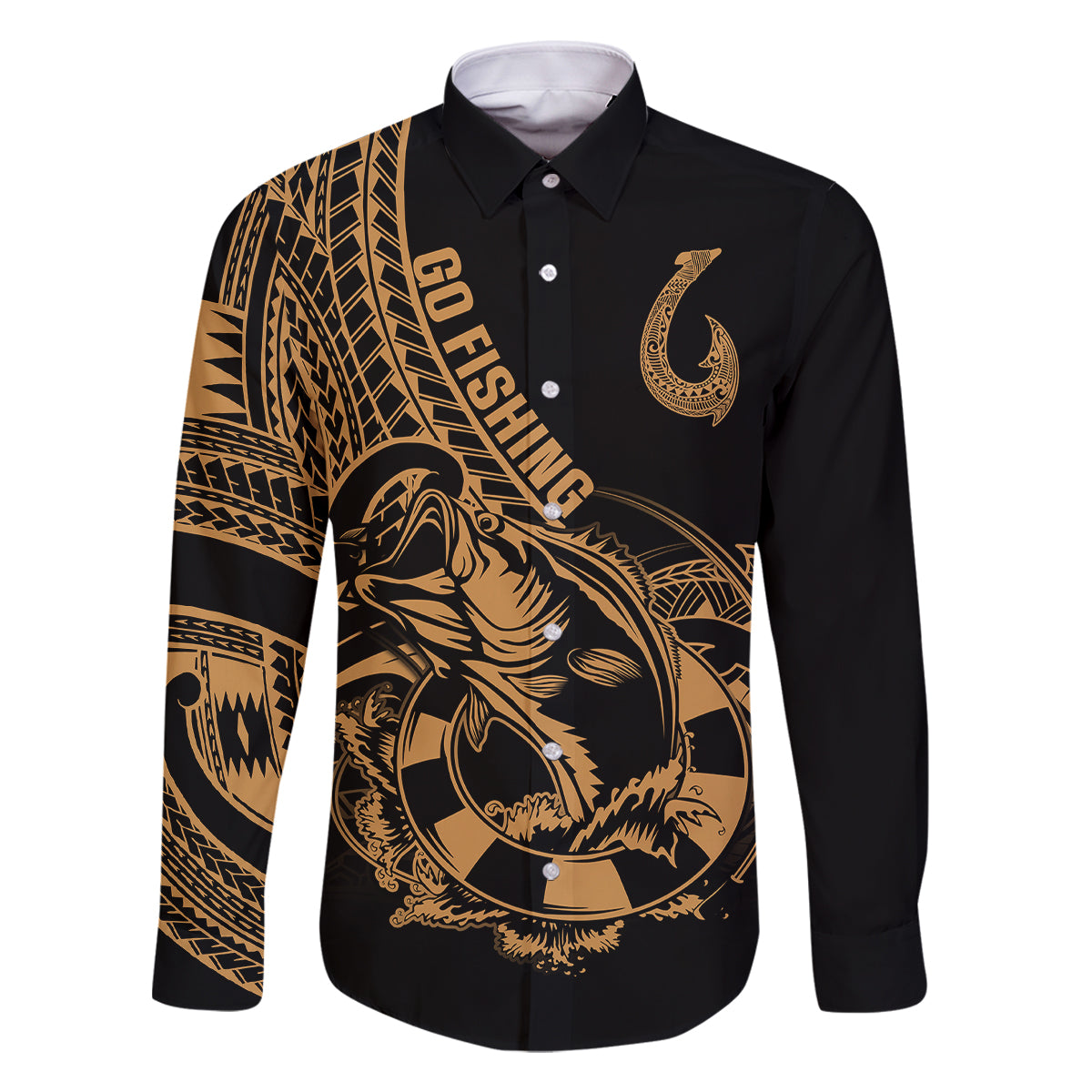 Polynesia Family Matching Mermaid Dress and Hawaiian Shirt Fish Hook Tattoo Go Fishing Polynesian Pattern Gold LT14 Dad's Shirt - Long Sleeve Gold - Polynesian Pride