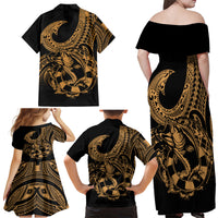 Polynesia Family Matching Off Shoulder Maxi Dress and Hawaiian Shirt Fish Hook Tattoo Go Fishing Polynesian Pattern Gold LT14 - Polynesian Pride