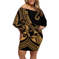Polynesia Family Matching Off Shoulder Short Dress and Hawaiian Shirt Fish Hook Tattoo Go Fishing Polynesian Pattern Gold LT14 Mom's Dress Gold - Polynesian Pride