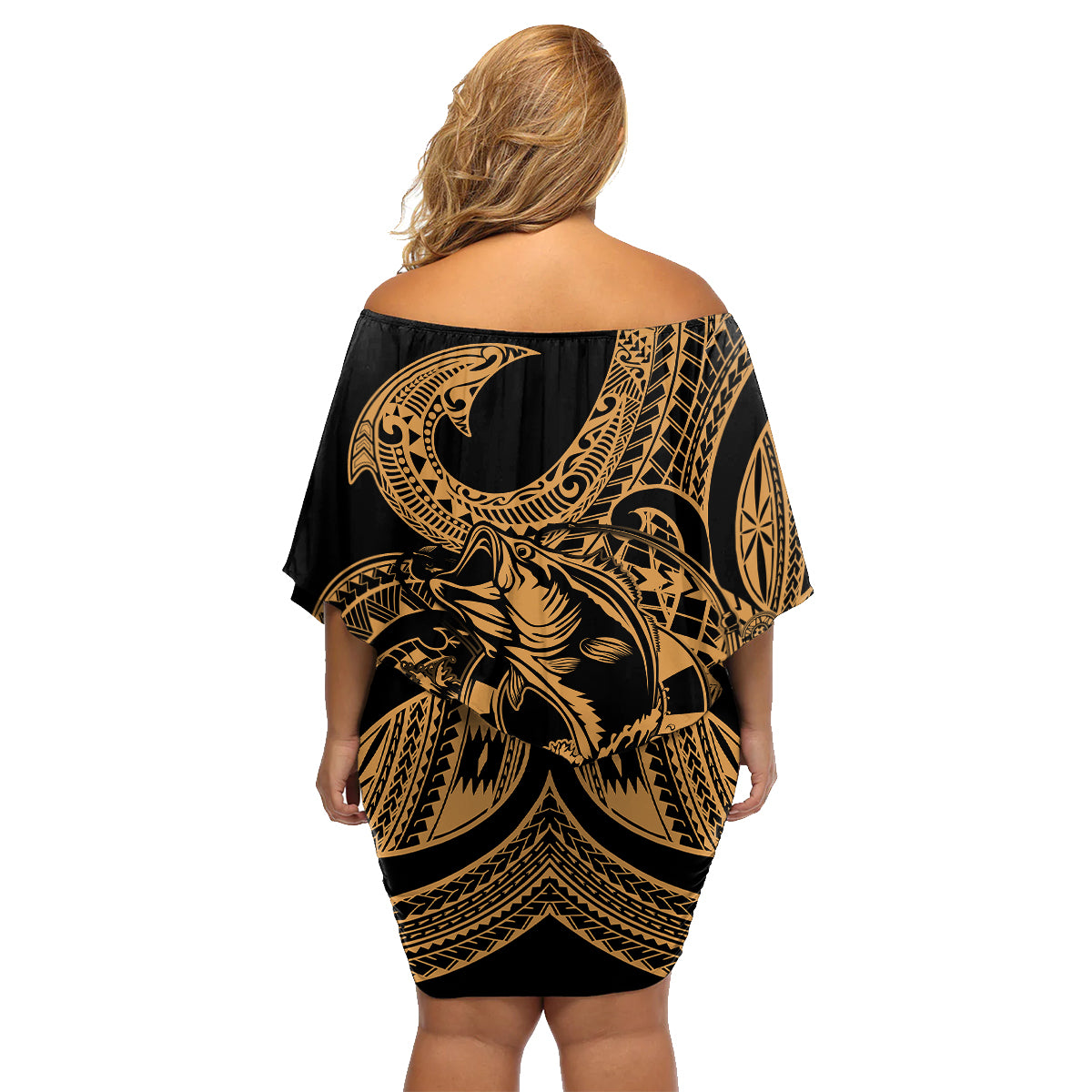 Polynesia Family Matching Off Shoulder Short Dress and Hawaiian Shirt Fish Hook Tattoo Go Fishing Polynesian Pattern Gold LT14 - Polynesian Pride
