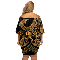 Polynesia Family Matching Off Shoulder Short Dress and Hawaiian Shirt Fish Hook Tattoo Go Fishing Polynesian Pattern Gold LT14 - Polynesian Pride