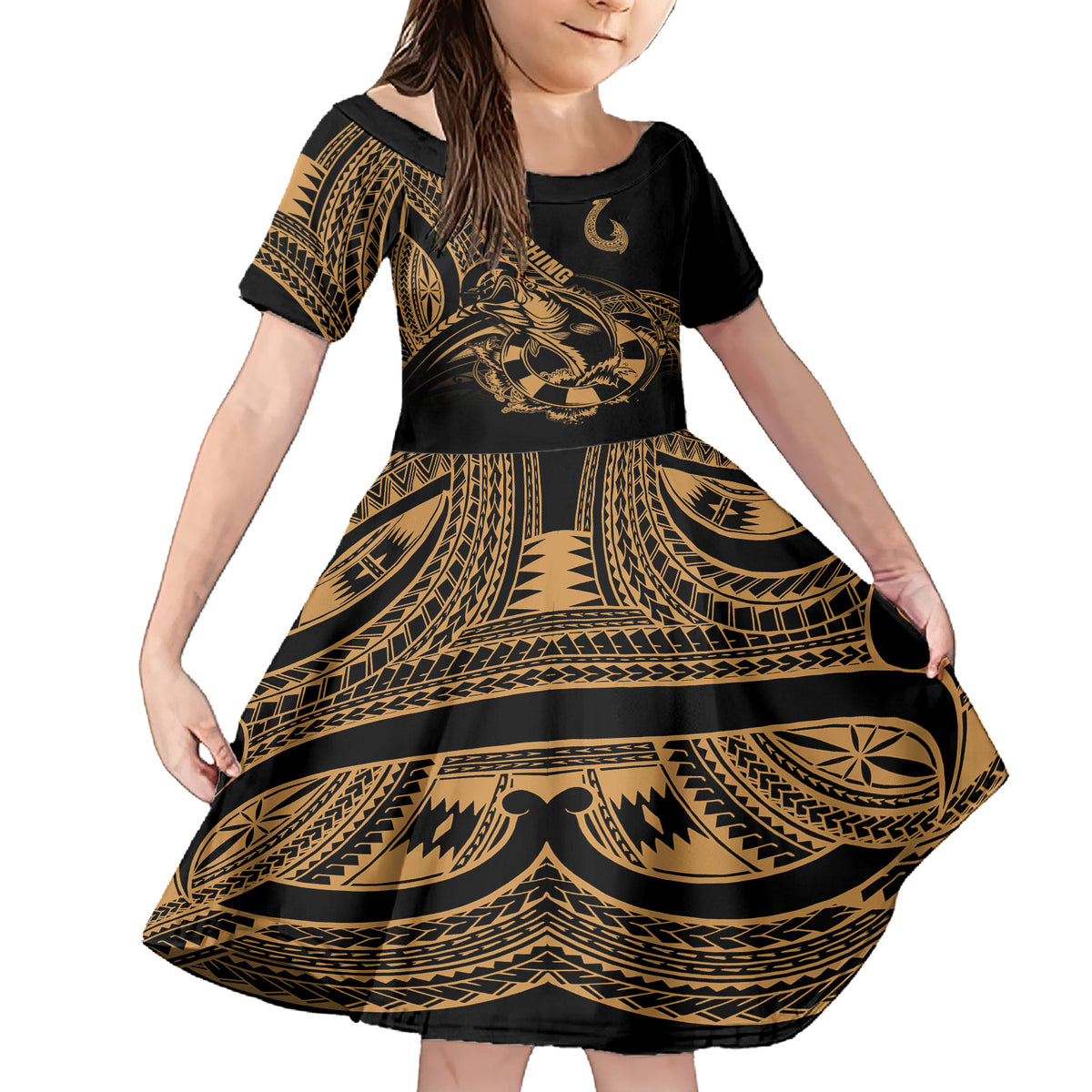 Polynesia Family Matching Short Sleeve Bodycon Dress and Hawaiian Shirt Fish Hook Tattoo Go Fishing Polynesian Pattern Gold LT14 Daughter's Dress Gold - Polynesian Pride