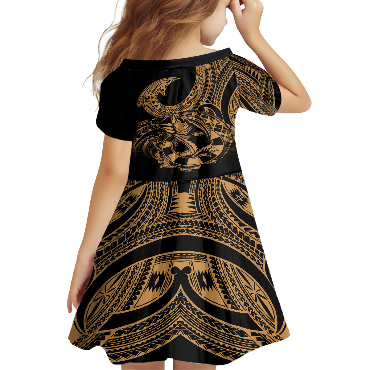 Polynesia Family Matching Tank Maxi Dress and Hawaiian Shirt Fish Hook Tattoo Go Fishing Polynesian Pattern Gold LT14 - Polynesian Pride