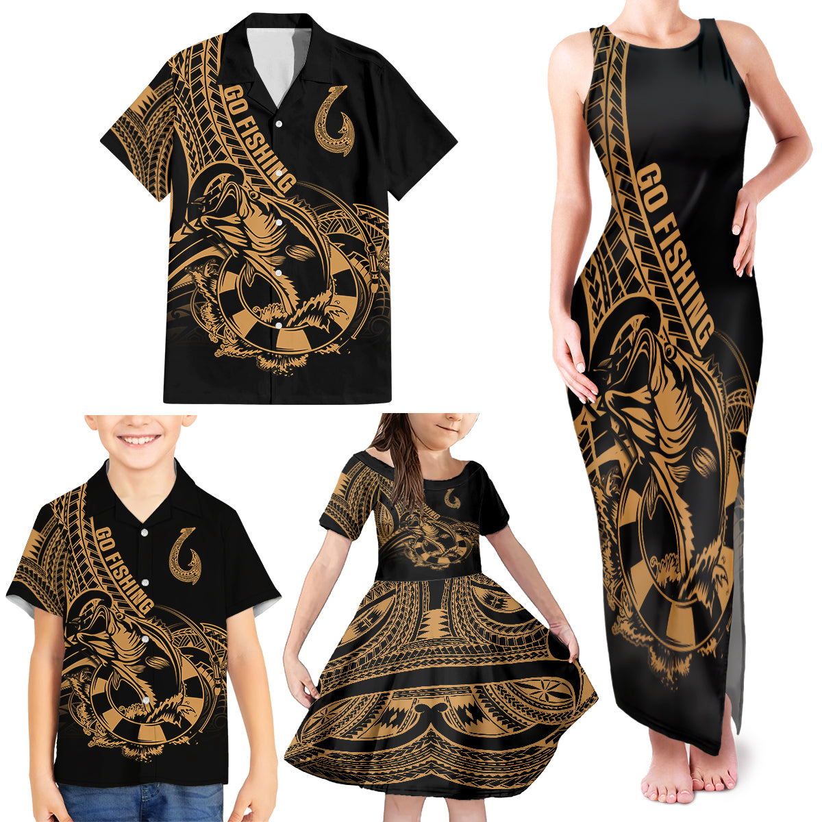 Polynesia Family Matching Tank Maxi Dress and Hawaiian Shirt Fish Hook Tattoo Go Fishing Polynesian Pattern Gold LT14 - Polynesian Pride