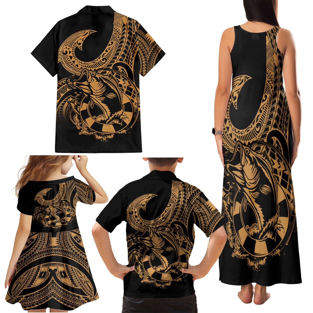 Polynesia Family Matching Tank Maxi Dress and Hawaiian Shirt Fish Hook Tattoo Go Fishing Polynesian Pattern Gold LT14 - Polynesian Pride