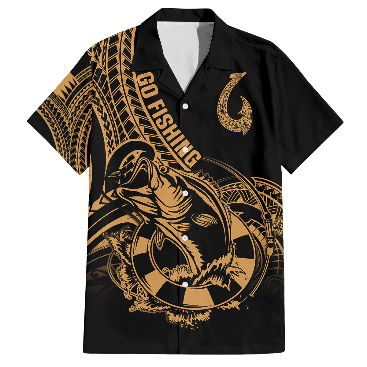 Polynesia Family Matching Tank Maxi Dress and Hawaiian Shirt Fish Hook Tattoo Go Fishing Polynesian Pattern Gold LT14 Dad's Shirt - Short Sleeve Gold - Polynesian Pride