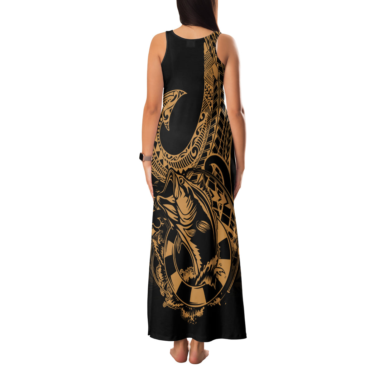 Polynesia Family Matching Tank Maxi Dress and Hawaiian Shirt Fish Hook Tattoo Go Fishing Polynesian Pattern Gold LT14 - Polynesian Pride
