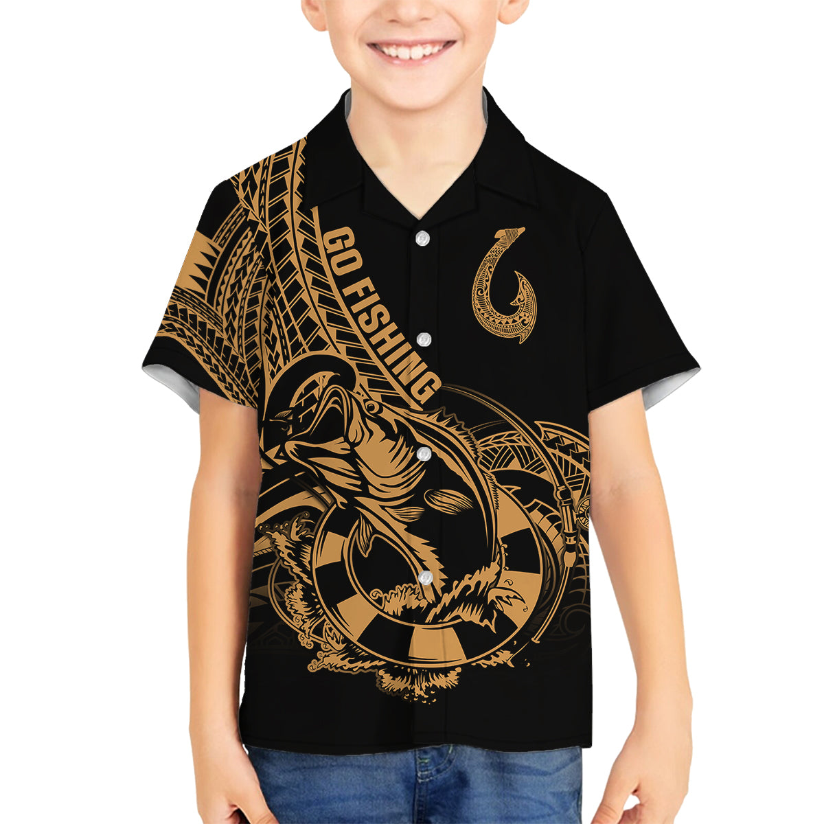 Polynesia Family Matching Tank Maxi Dress and Hawaiian Shirt Fish Hook Tattoo Go Fishing Polynesian Pattern Gold LT14 Son's Shirt Gold - Polynesian Pride