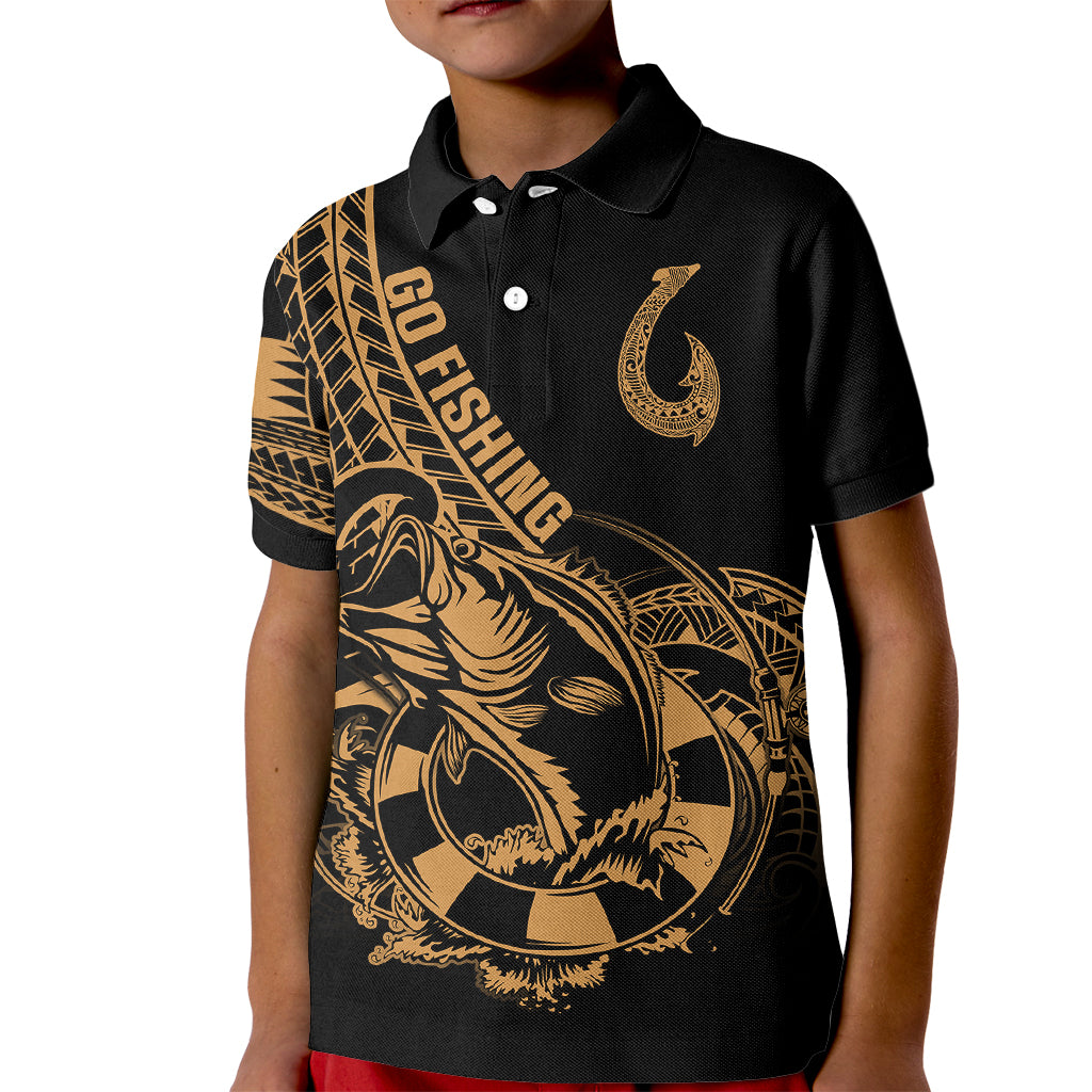 Polynesia Kid Polo Shirt Fish Hook Tattoo Go Fishing Polynesian Pattern Gold LT14 Kid Gold - Polynesian Pride