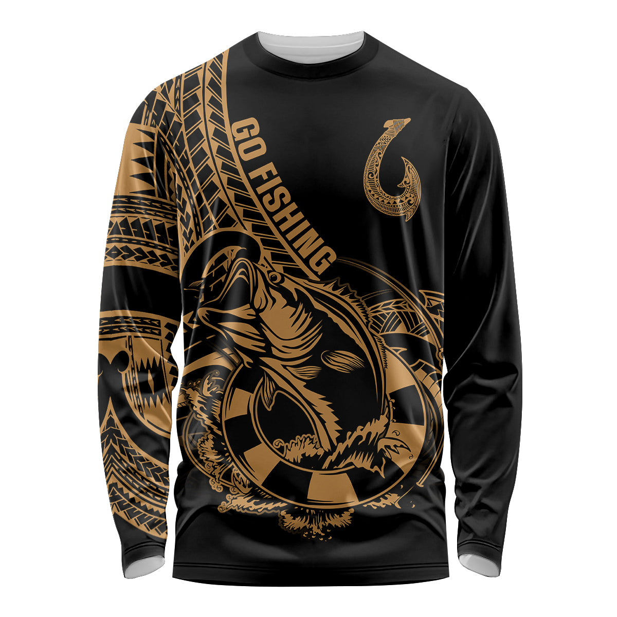 Polynesia Long Sleeve Shirt Fish Hook Tattoo Go Fishing Polynesian Pattern Gold LT14 Unisex Gold - Polynesian Pride