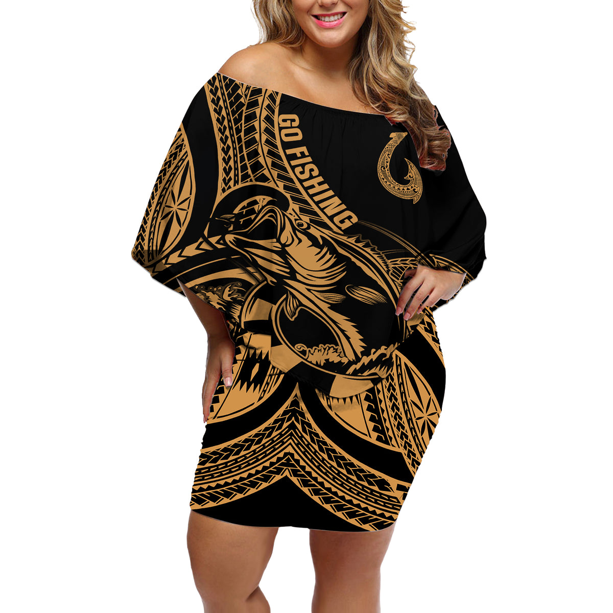 polynesia-off-shoulder-short-dress-fish-hook-tattoo-go-fishing-polynesian-pattern-gold