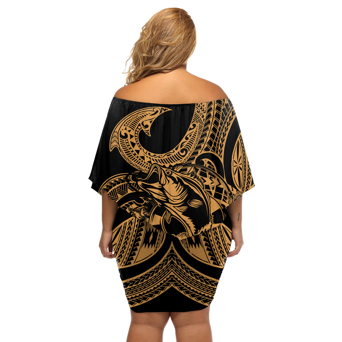 polynesia-off-shoulder-short-dress-fish-hook-tattoo-go-fishing-polynesian-pattern-gold