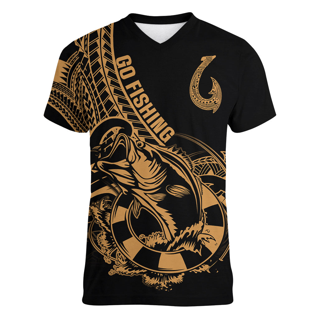 polynesia-women-v-neck-t-shirt-fish-hook-tattoo-go-fishing-polynesian-pattern-gold