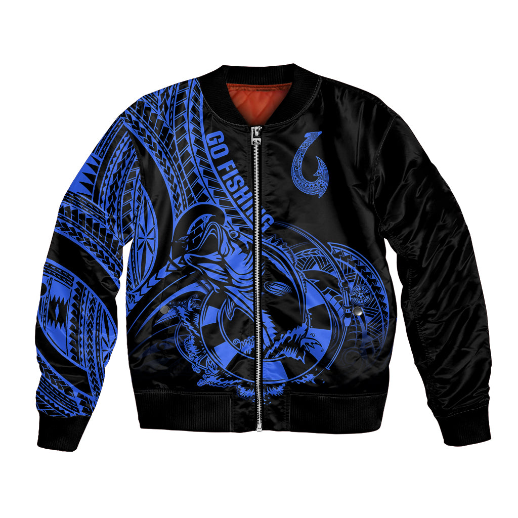 Polynesia Bomber Jacket Fish Hook Tattoo Go Fishing Polynesian Pattern Blue LT14 Unisex Blue - Polynesian Pride